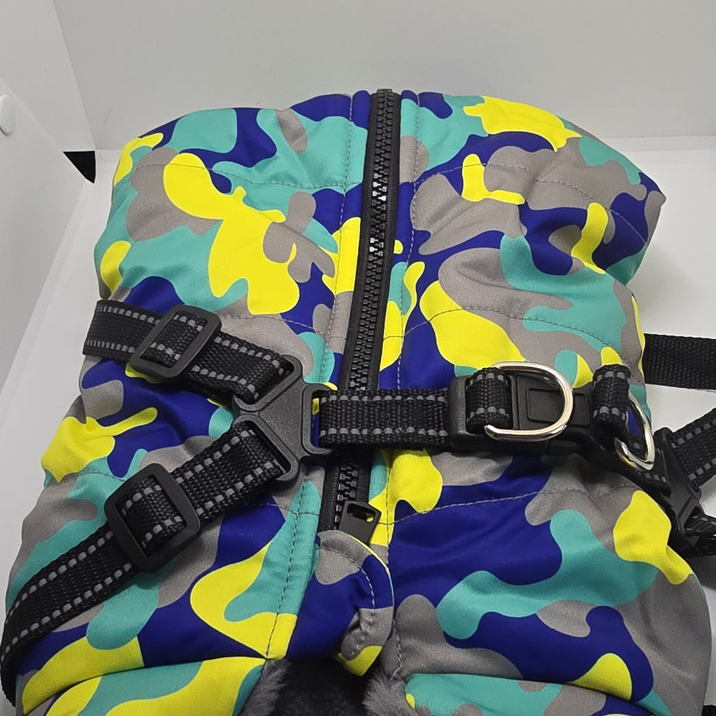 New with tags Dog Jacket. Blue Yellow camouflage, padded, zippered