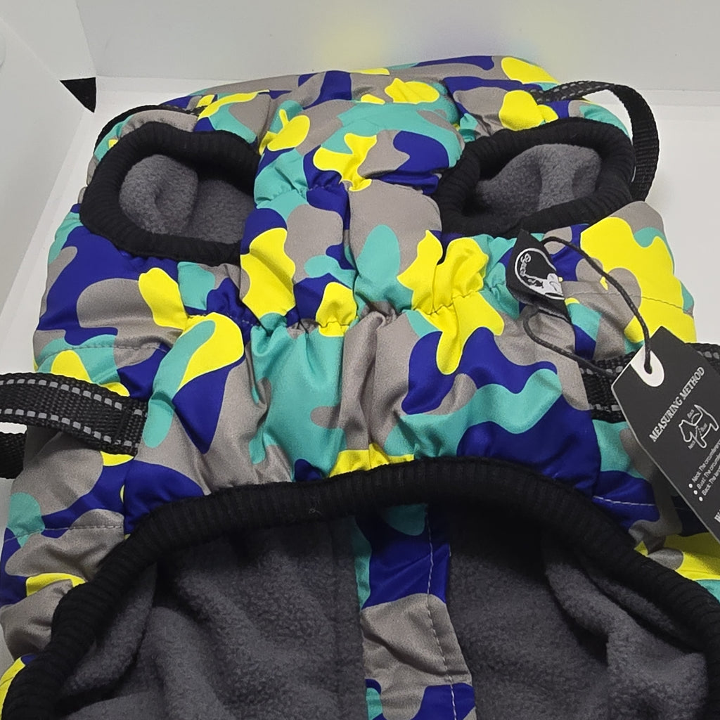 New with tags Dog Jacket. Blue Yellow camouflage, padded, zippered