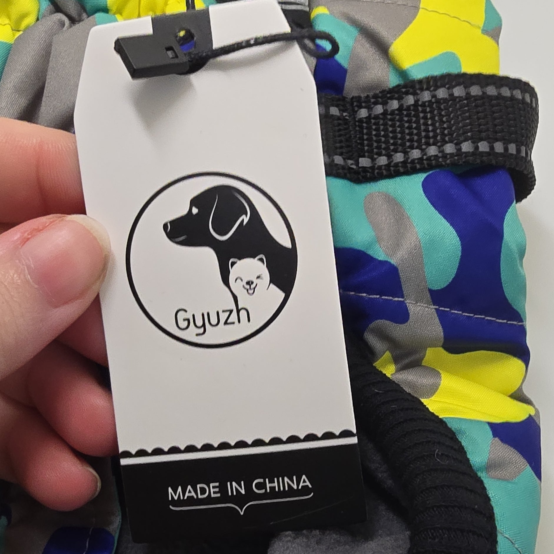 New with tags Dog Jacket. Blue Yellow camouflage, padded, zippered