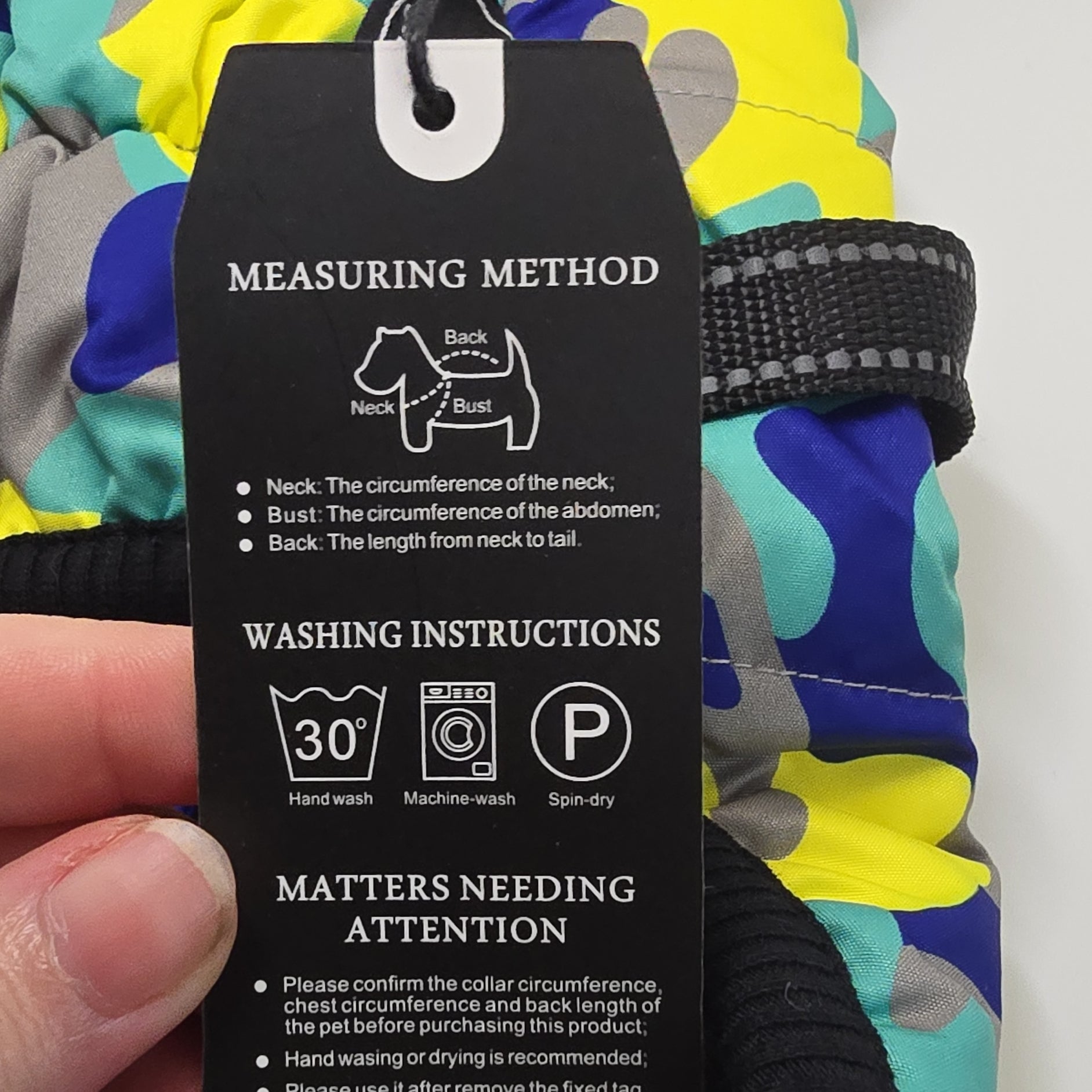 New with tags Dog Jacket. Blue Yellow camouflage, padded, zippered